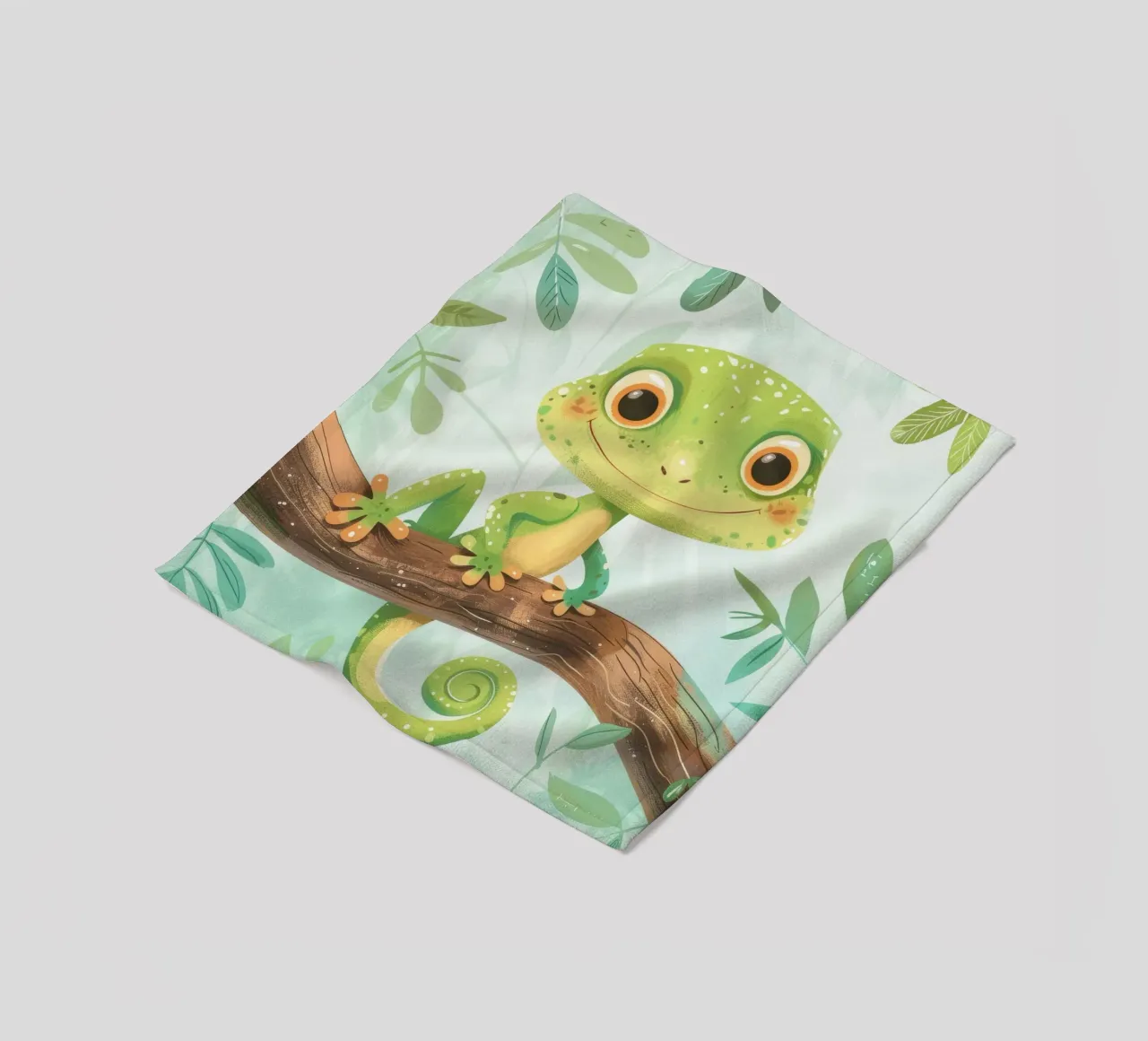 Cheerful green lizard resting on a branch amid leafy fleece blanket by DesignDoodle