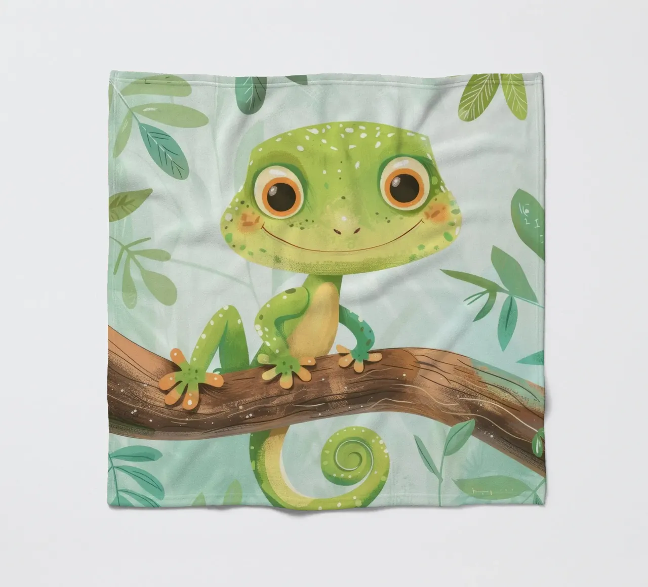 Cheerful green lizard resting on a branch amid leafy fleece blanket by DesignDoodle