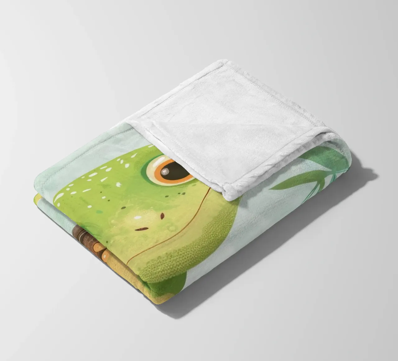 Cheerful green lizard resting on a branch amid leafy fleece blanket by DesignDoodle