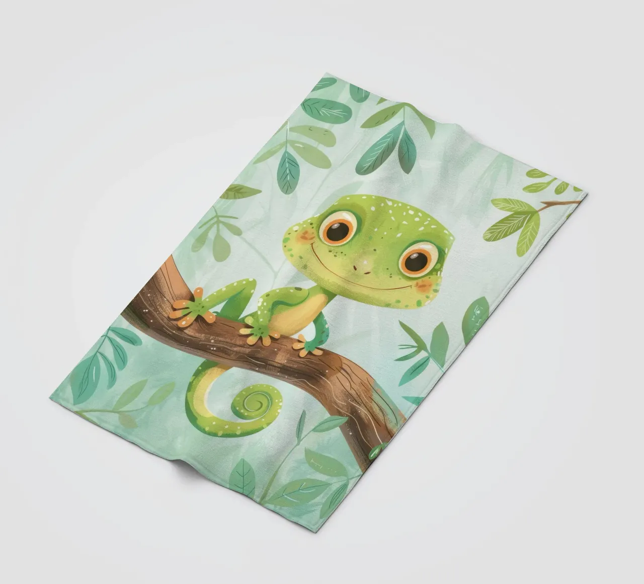 Cheerful green lizard resting on a branch amid leafy fleece blanket by DesignDoodle