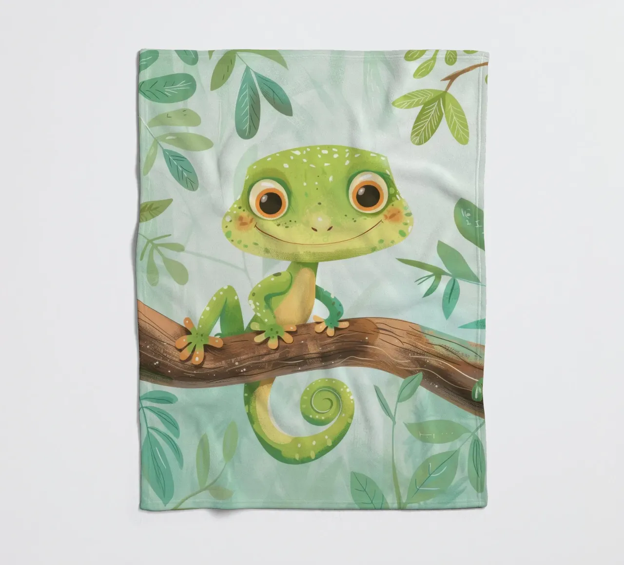 Cheerful green lizard resting on a branch amid leafy fleece blanket by DesignDoodle