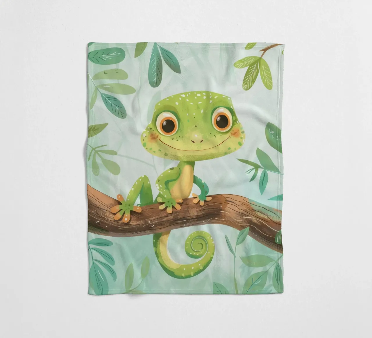 Cheerful green lizard resting on a branch amid leafy fleece blanket by DesignDoodle