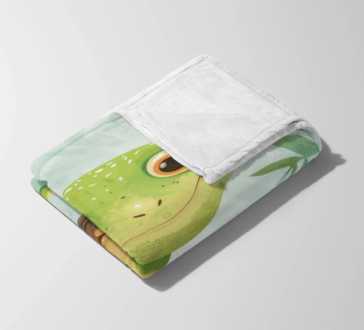 Cheerful green lizard resting on a branch amid leafy fleece blanket by DesignDoodle