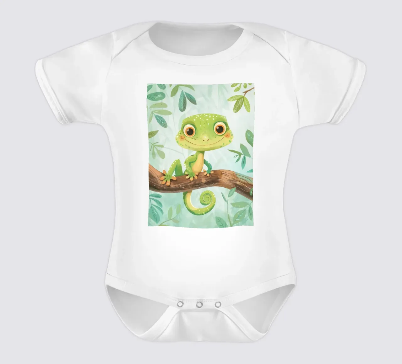 Vrolijke groene hagedis rustend op een tak te midden van gebladerte babyrompertje korte mouwen van DesignDoodle