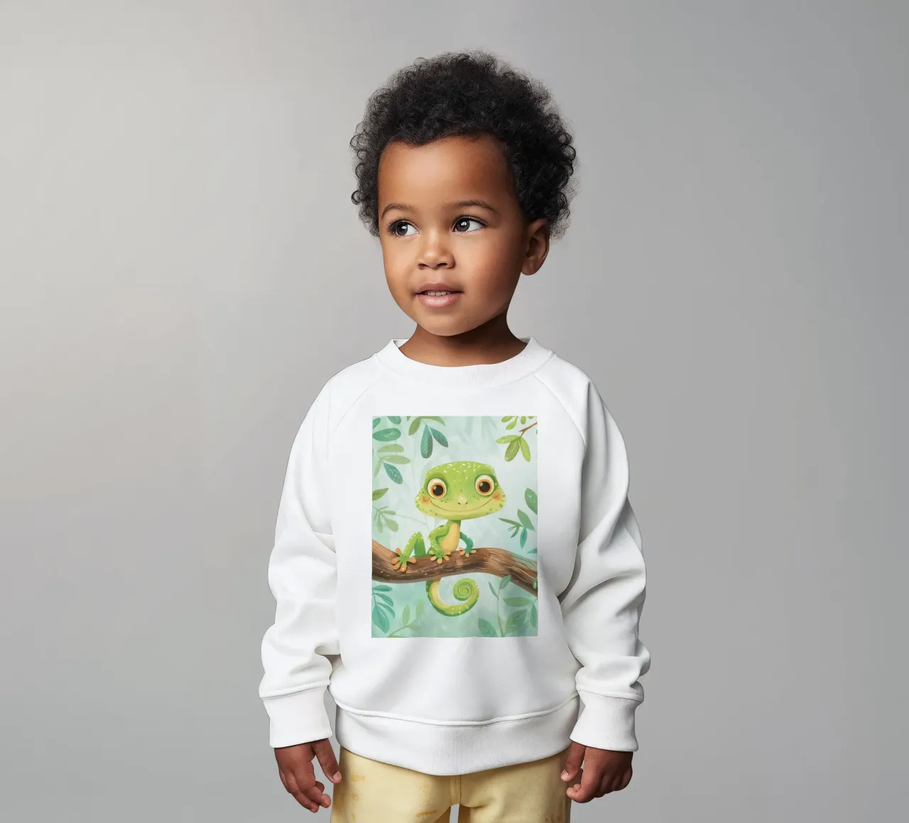 Cheerful green lizard resting on a branch amid leafy baby sweatshirt by DesignDoodle