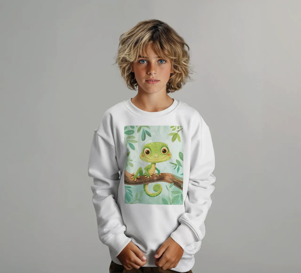 Cheerful green lizard resting on a branch amid leafy kids sweatshirt by DesignDoodle
