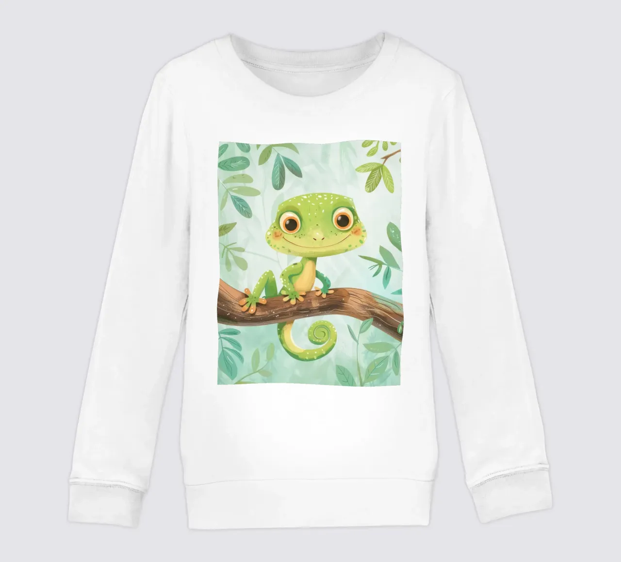 Cheerful green lizard resting on a branch amid leafy kids sweatshirt by DesignDoodle