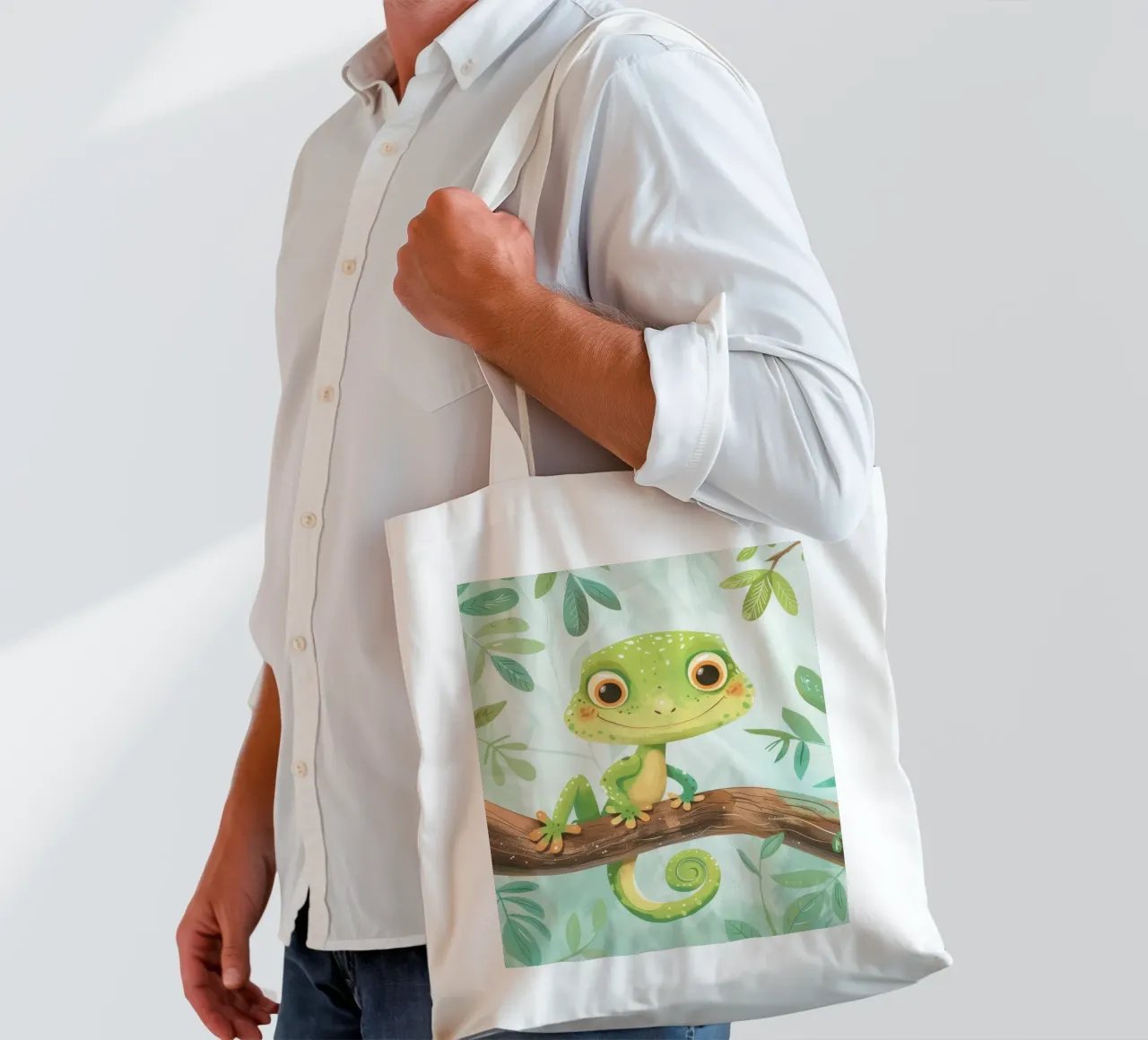 Cheerful green lizard resting on a branch amid leafy tote bag by DesignDoodle