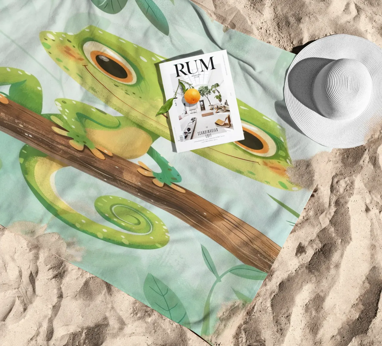 Cheerful green lizard resting on a branch amid leafy beach towel by DesignDoodle