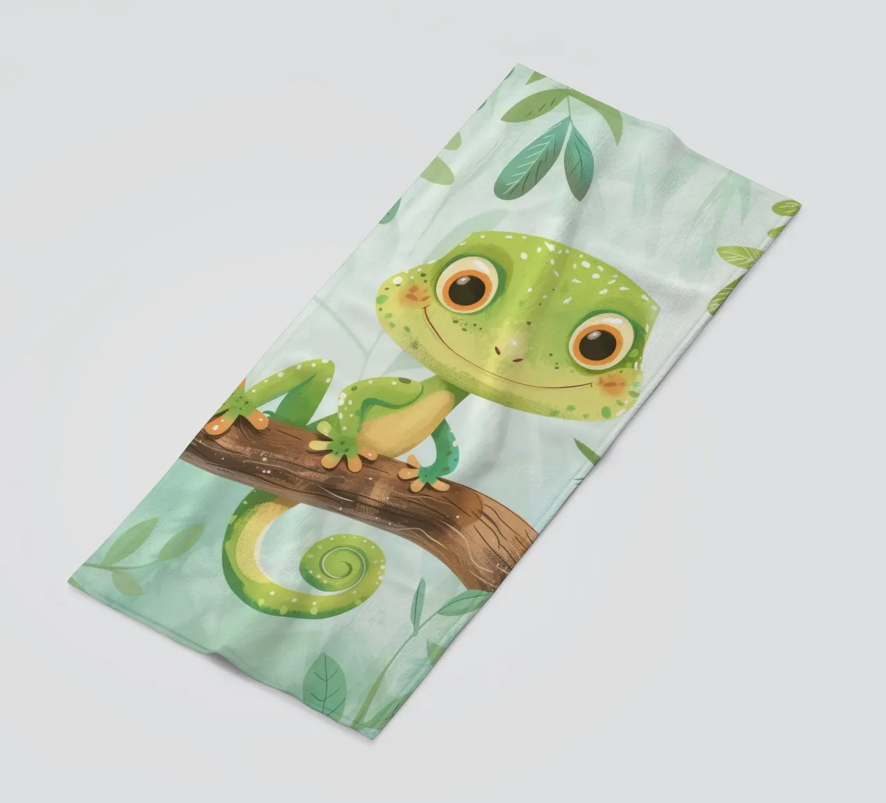 Cheerful green lizard resting on a branch amid leafy beach towel by DesignDoodle