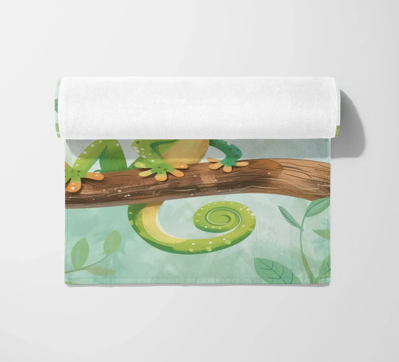 Cheerful green lizard resting on a branch amid leafy beach towel by DesignDoodle