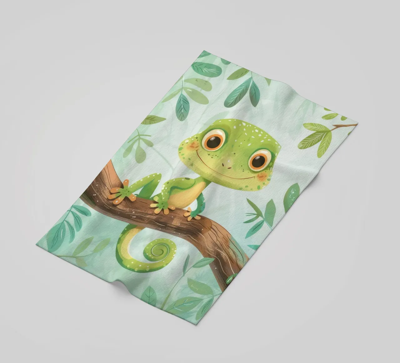 Cheerful green lizard resting on a branch amid leafy beach towel by DesignDoodle