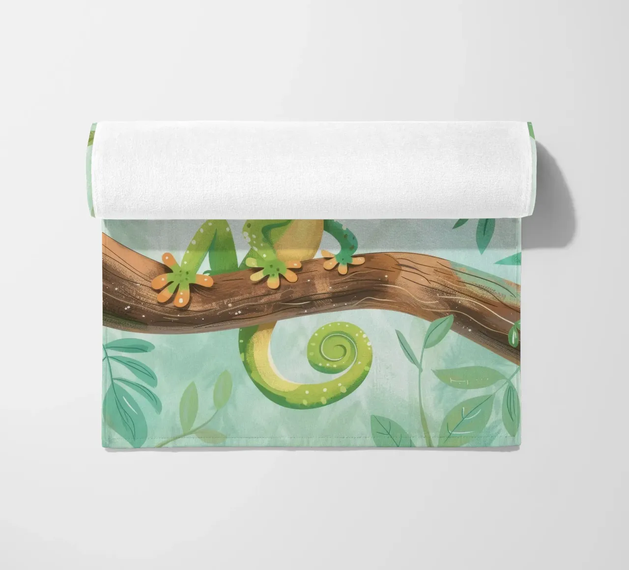 Cheerful green lizard resting on a branch amid leafy beach towel by DesignDoodle