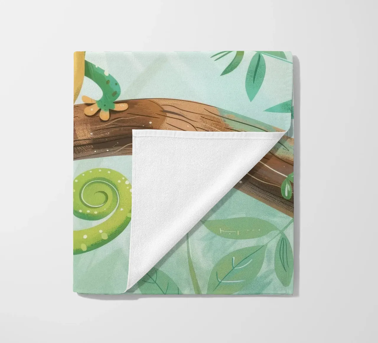 Cheerful green lizard resting on a branch amid leafy beach towel by DesignDoodle