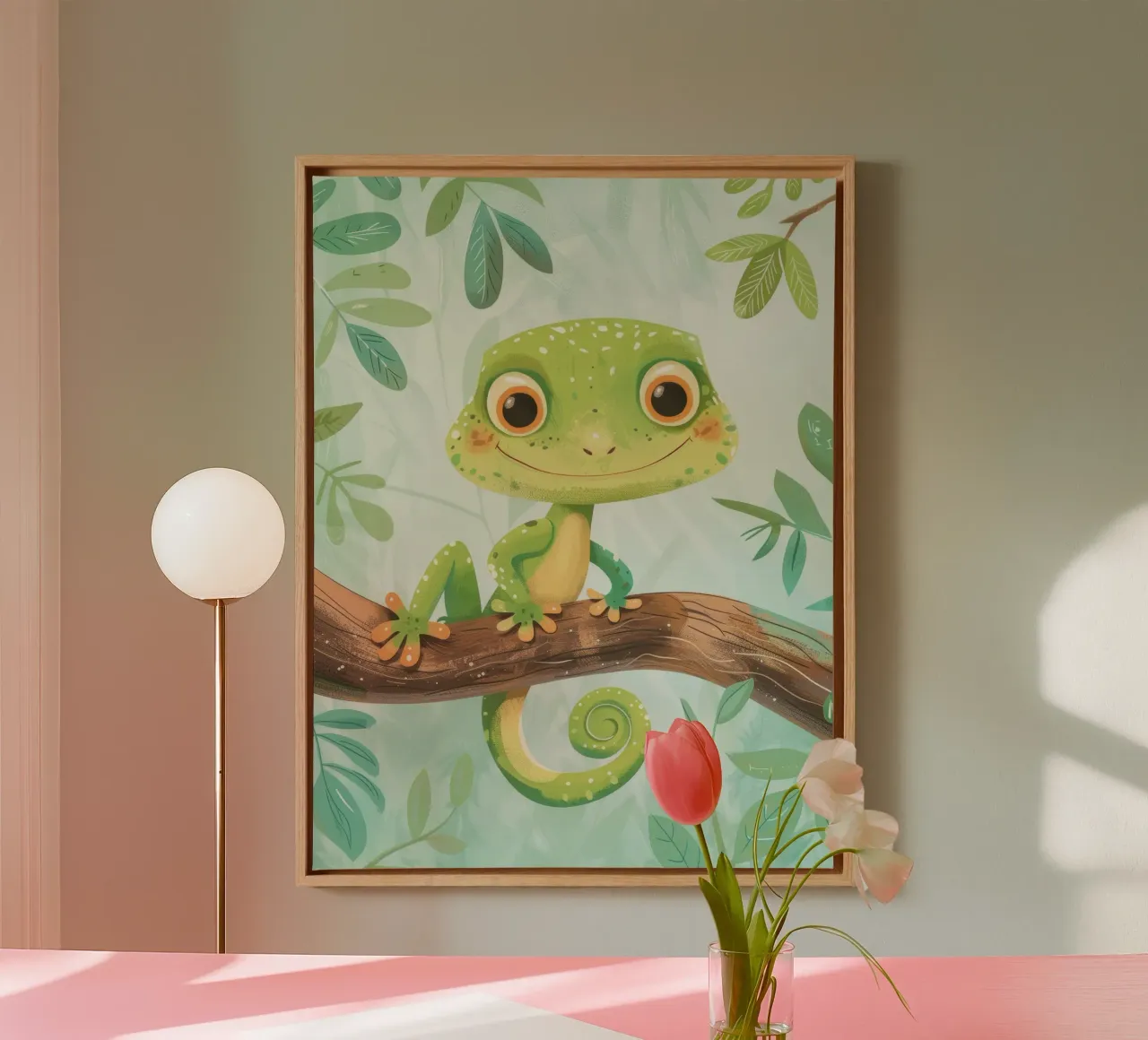 Vrolijke groene hagedis rustend op een tak te midden van gebladerte canvas met Baklijst van DesignDoodle