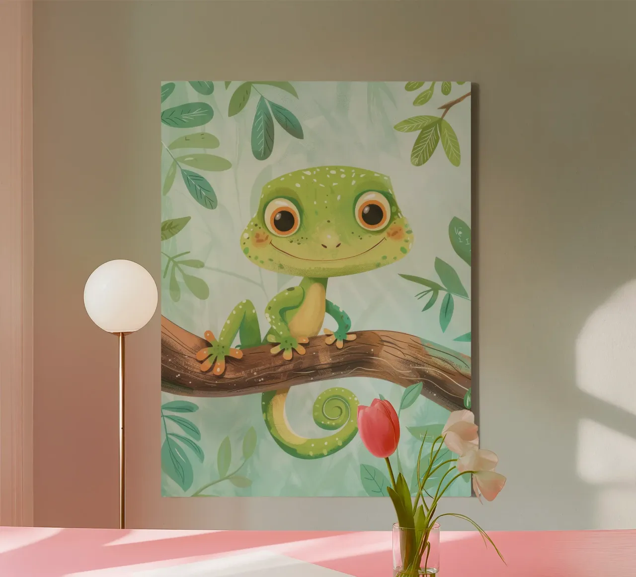 Vrolijke groene hagedis rustend op een tak te midden van gebladerte canvas met Baklijst van DesignDoodle