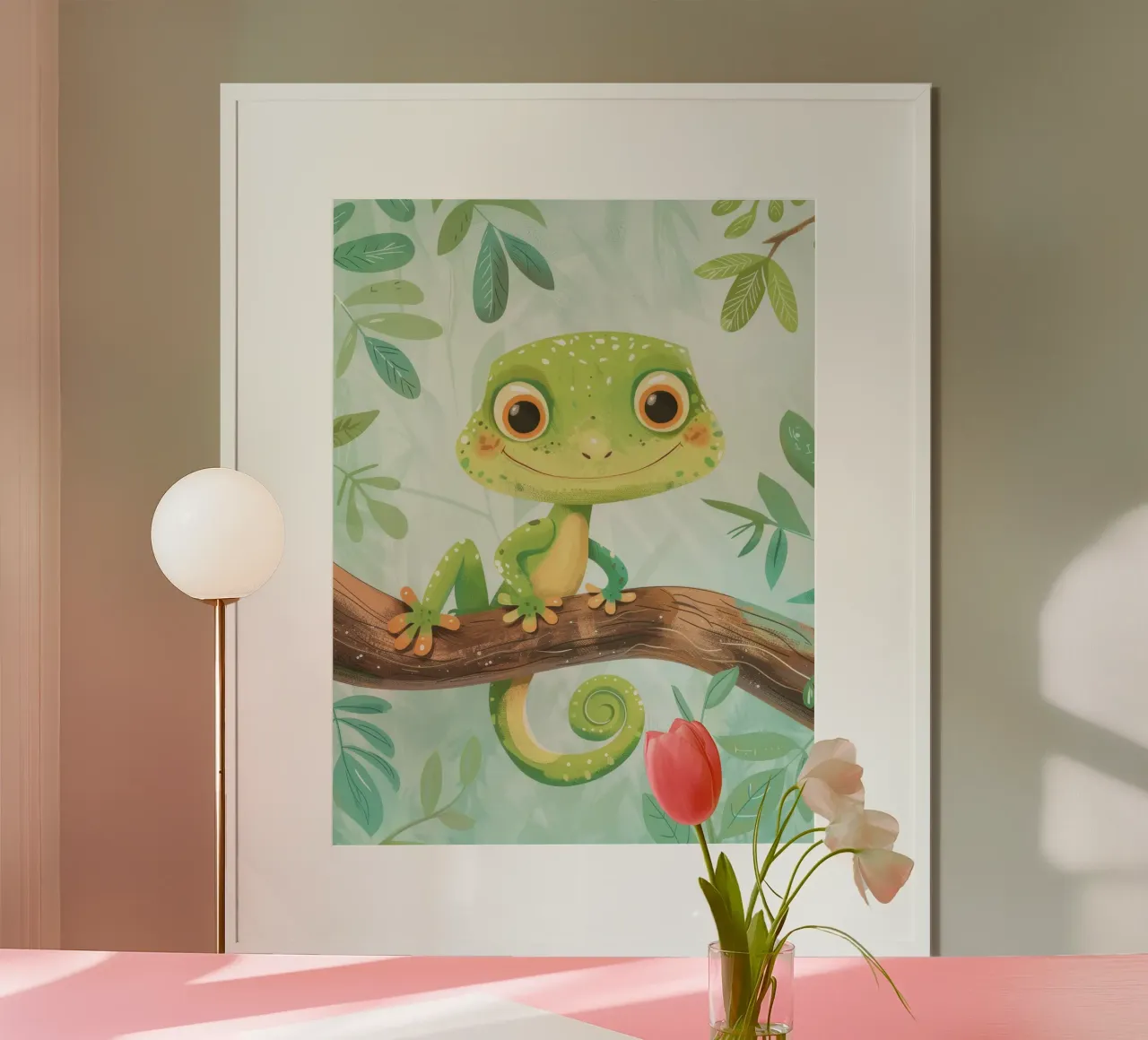 Allegra lucertola verde che si riposa su un ramo in mezzo alle fronde poster da DesignDoodle