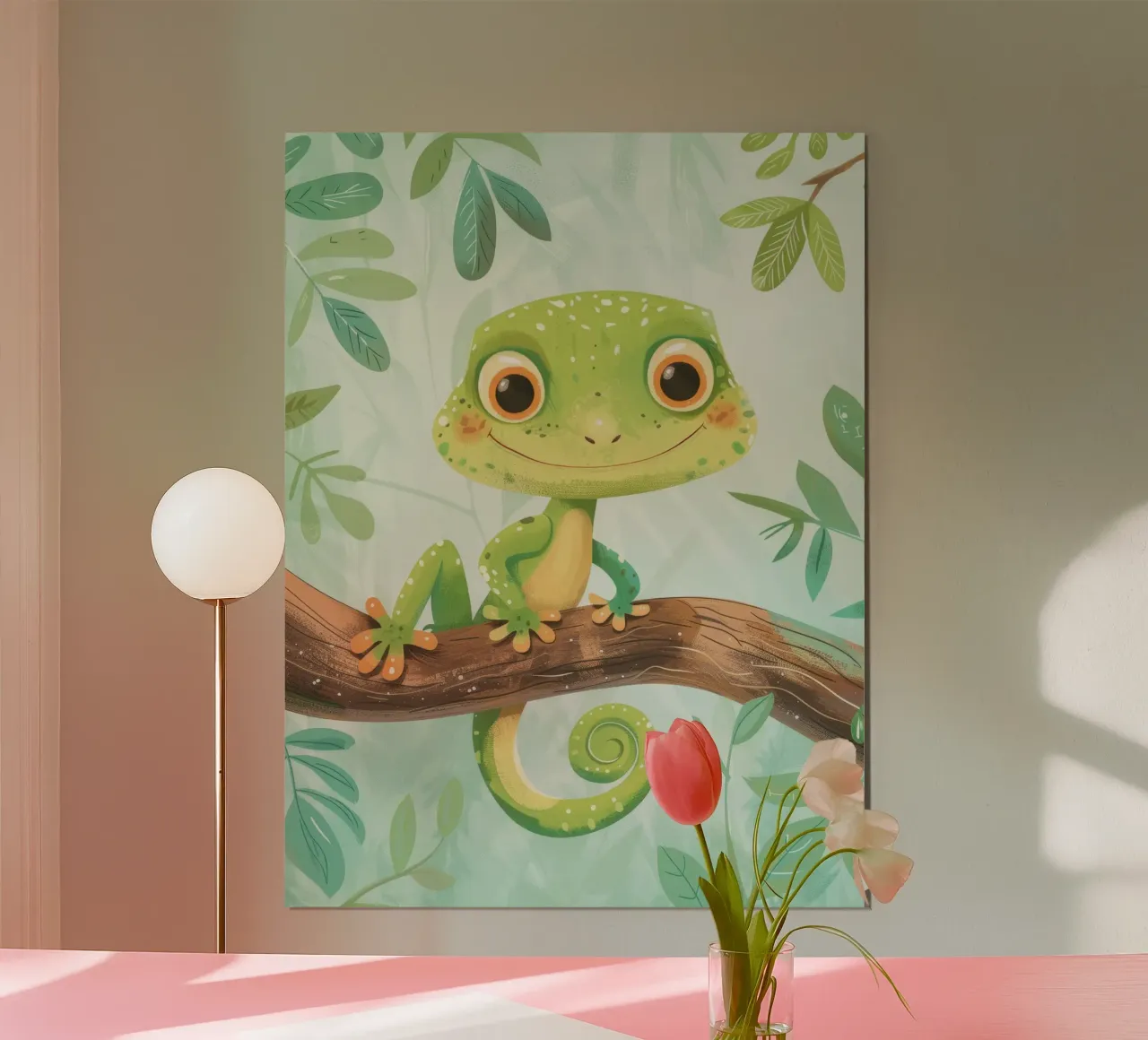 Vrolijke groene hagedis rustend op een tak te midden van gebladerte hahnemühle van DesignDoodle
