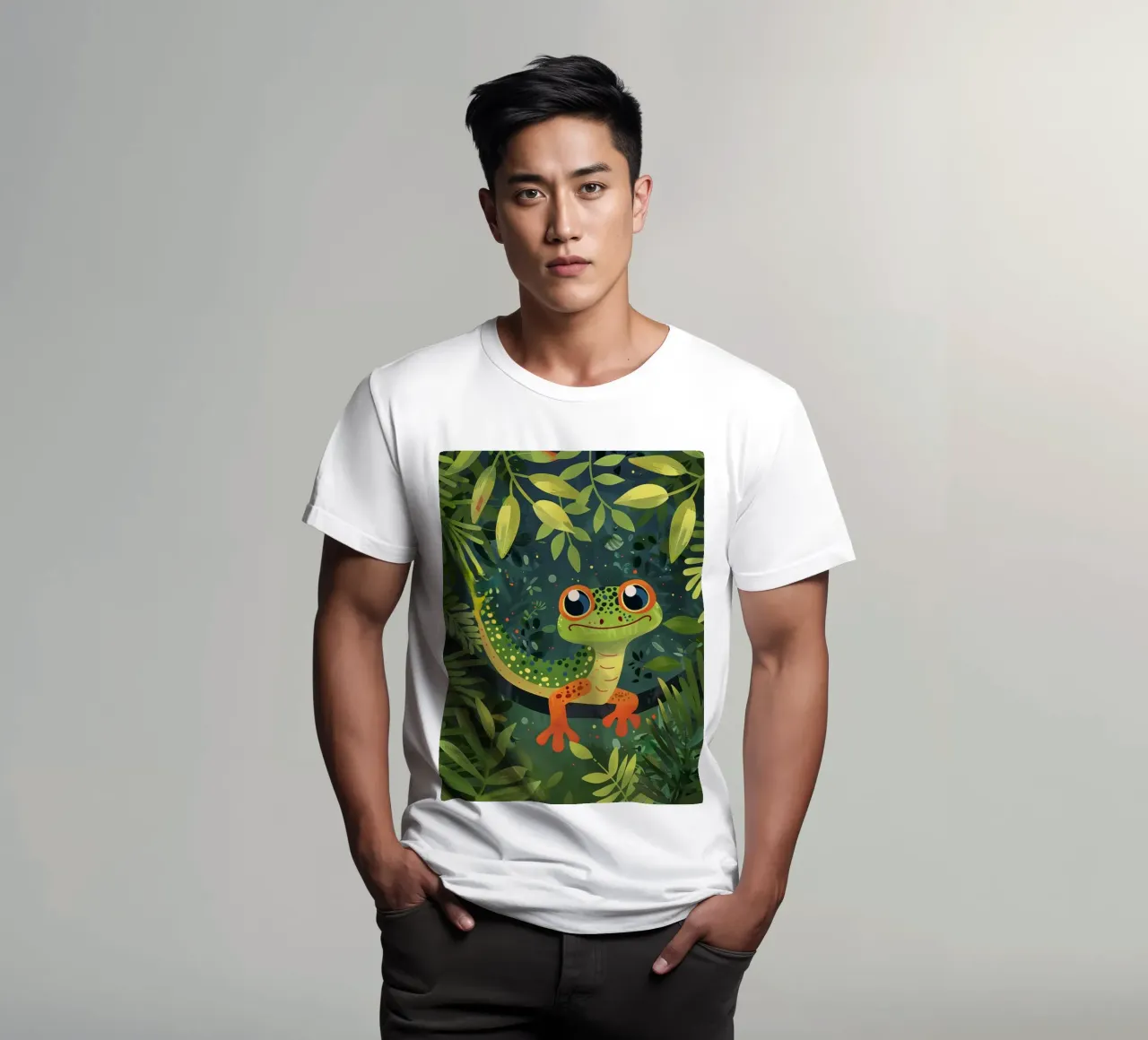 Un vivace geco dei cartoni animati annidato tra le foglie in una lussureggiante foresta pluviale t-shirt da DesignDoodle