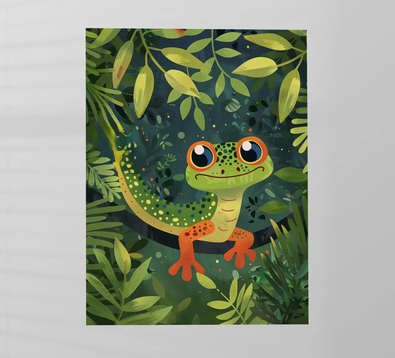 Un vivace geco dei cartoni animati annidato tra le foglie in una lussureggiante foresta pluviale pellicola backlit da DesignDoodle