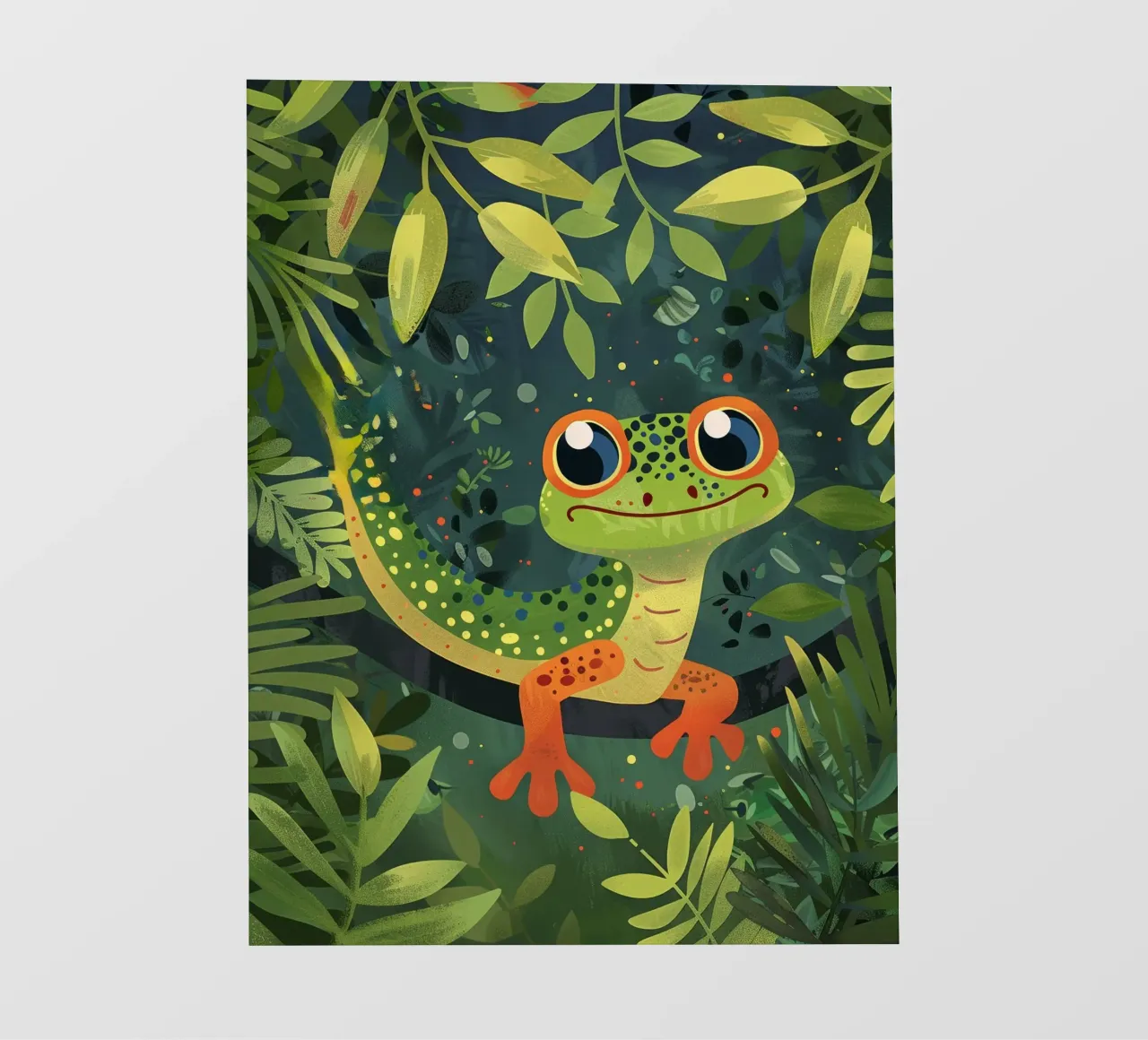 Un vivace geco dei cartoni animati annidato tra le foglie in una lussureggiante foresta pluviale pellicola backlit da DesignDoodle