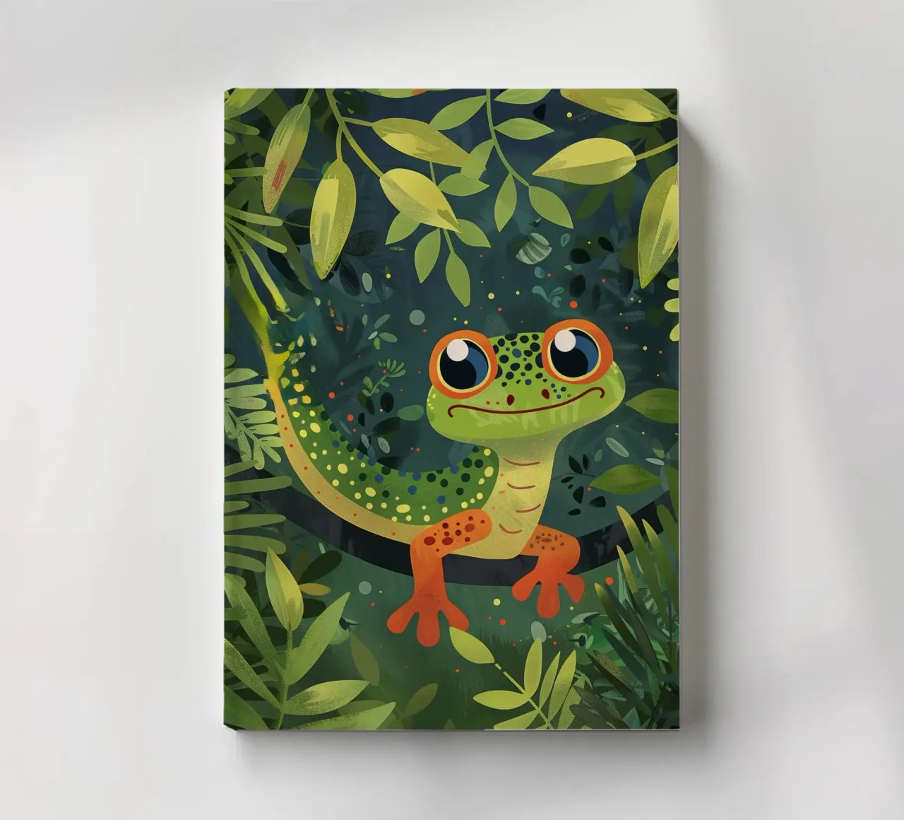 Lively cartoon gecko nestled among leaves in a lush rainfore notebook by DesignDoodle