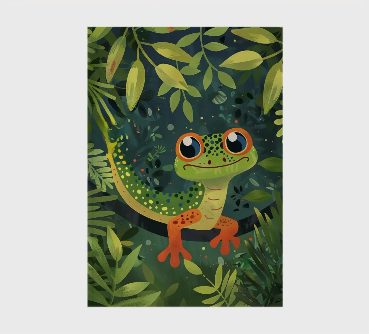 Lively cartoon gecko nestled among leaves in a lush rainfore notebook by DesignDoodle