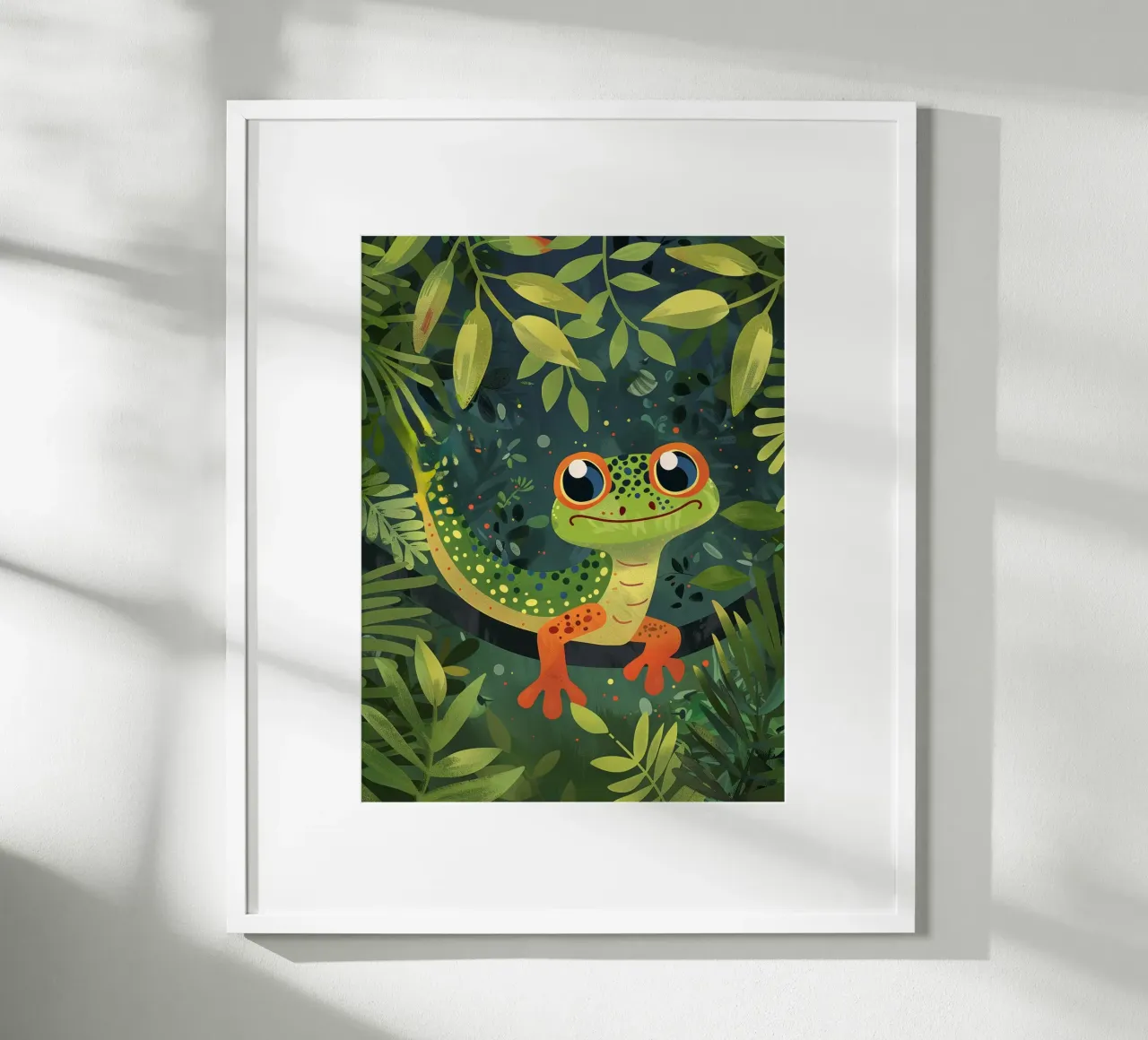 Lebhafter Cartoon-Gecko inmitten von Blättern in einem üppigen Regenwald Hahnemühle von DesignDoodle