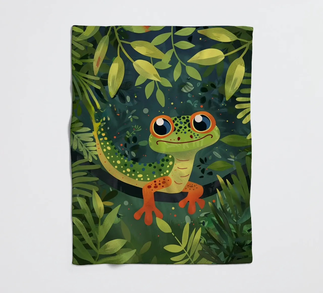 Un vivace geco dei cartoni animati annidato tra le foglie in una lussureggiante foresta pluviale coperta in pile da DesignDoodle