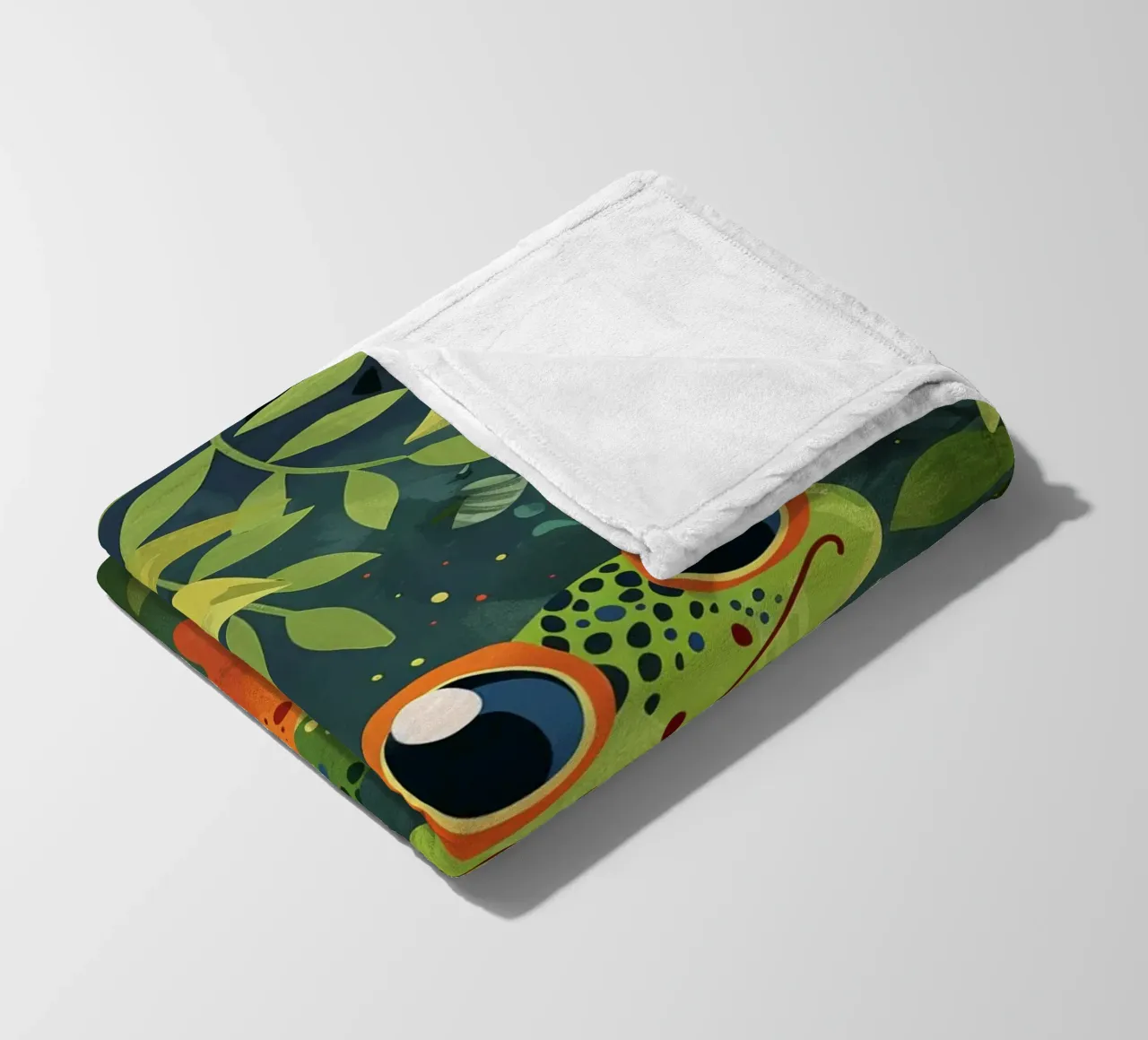 Un vivace geco dei cartoni animati annidato tra le foglie in una lussureggiante foresta pluviale coperta in pile da DesignDoodle