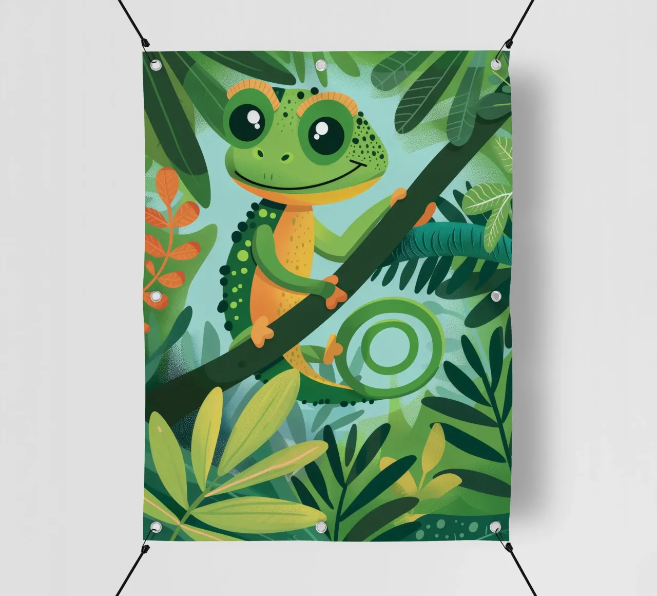 Whimsical chameleon perched on branch in lush jungle pvc cover by DesignDoodle
