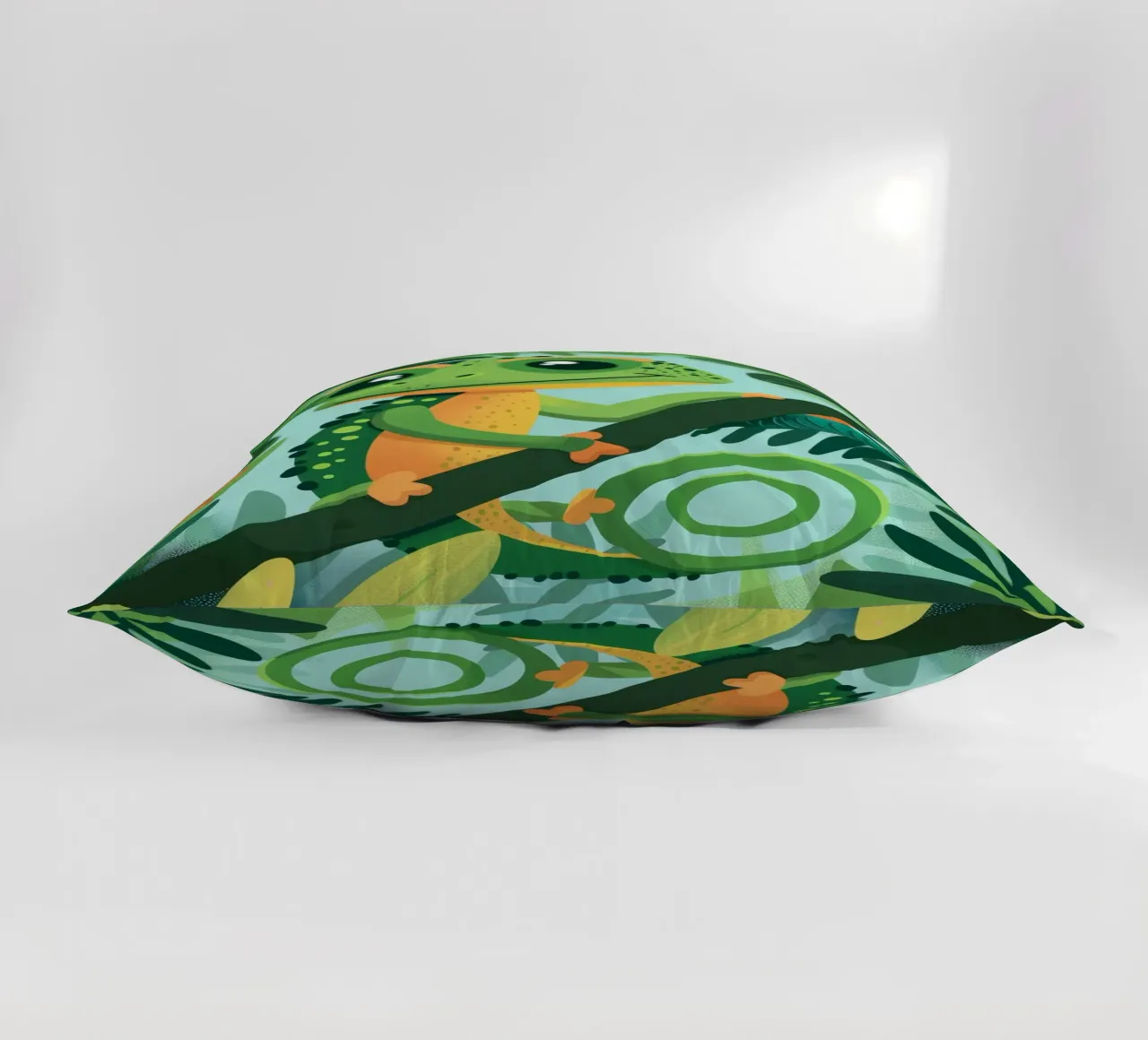 Whimsical chameleon perched on branch in lush jungle decorative cushion by DesignDoodle