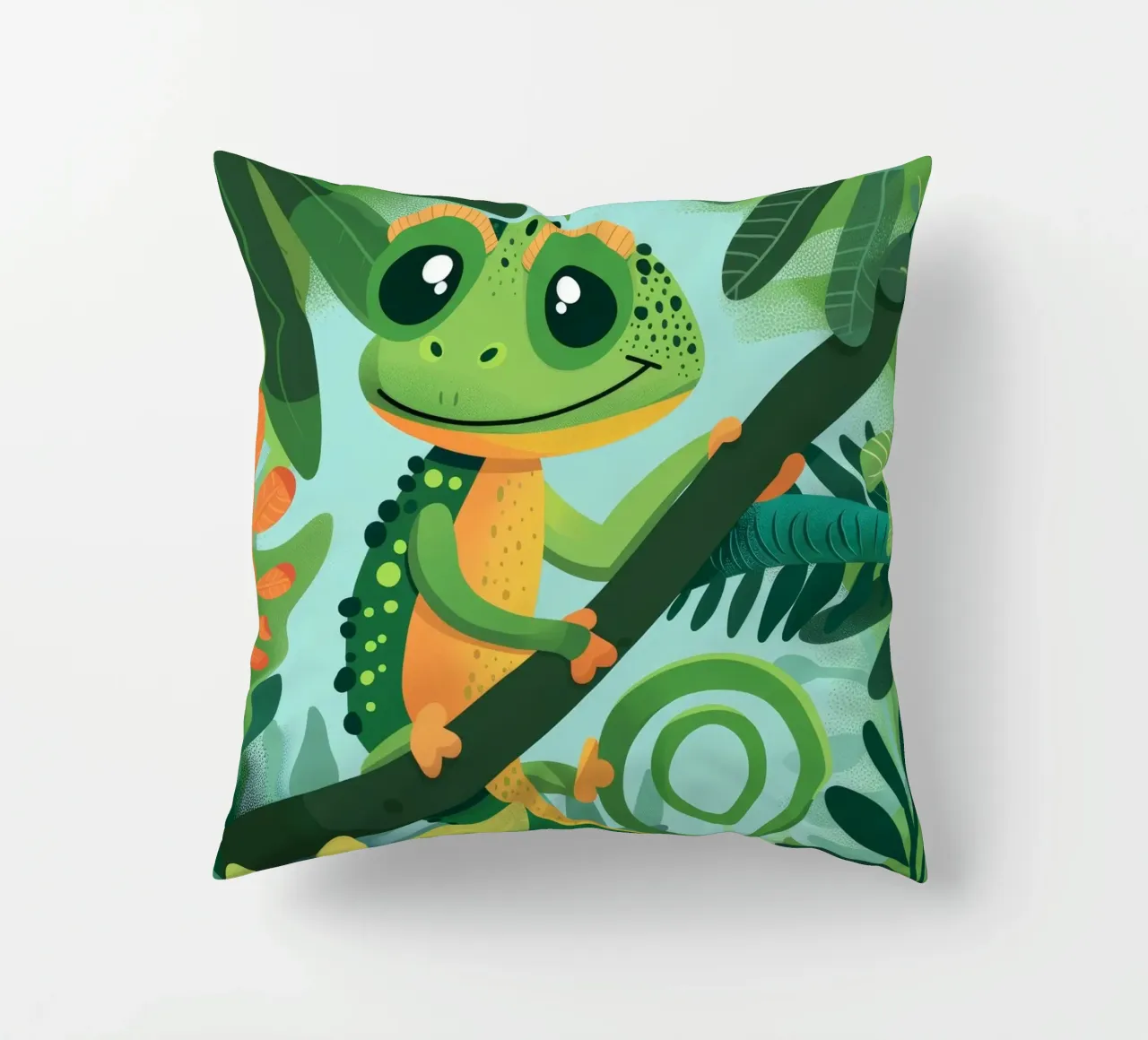 Whimsical chameleon perched on branch in lush jungle decorative cushion by DesignDoodle