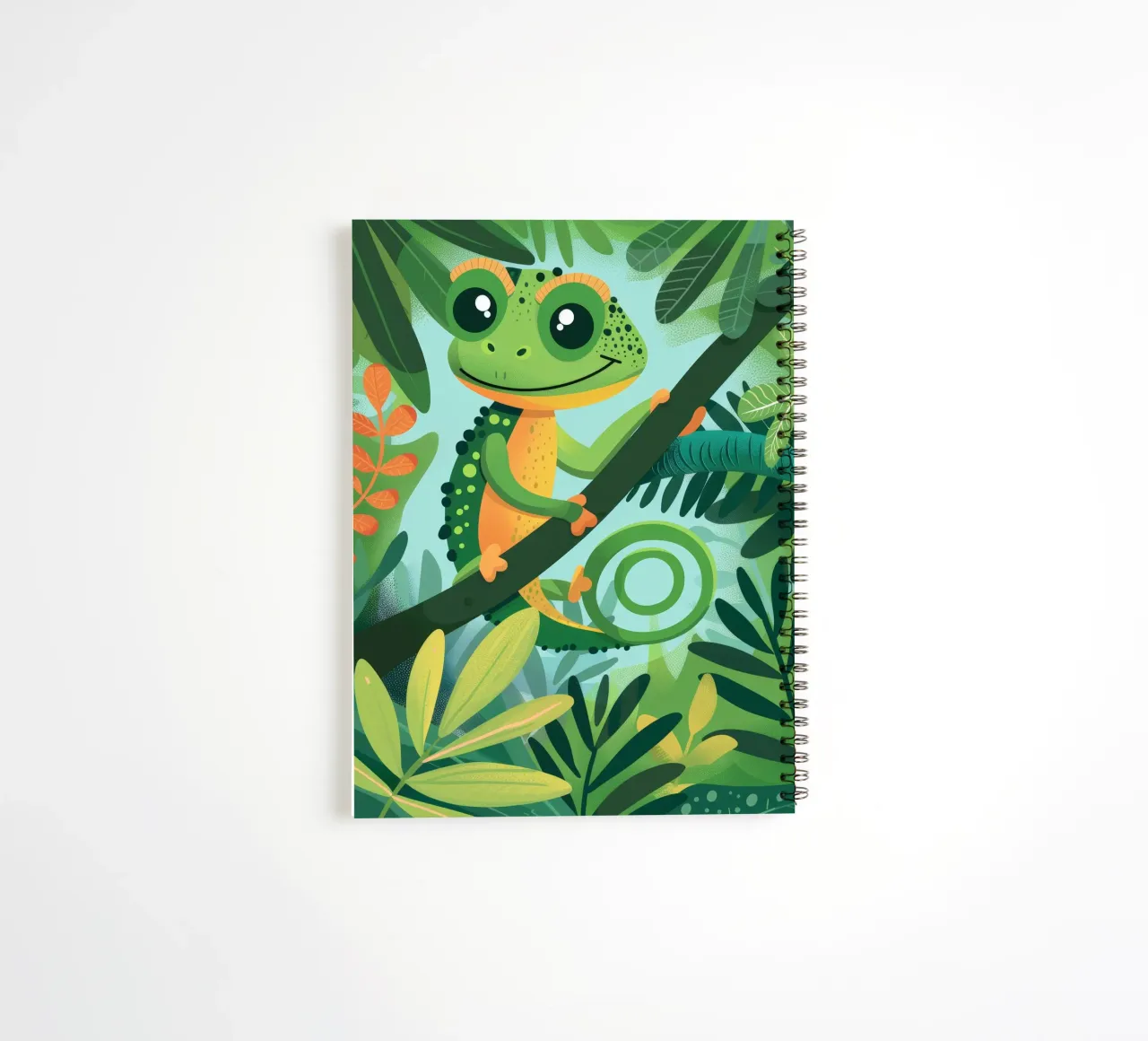 Whimsical chameleon perched on branch in lush jungle spiral notebook by DesignDoodle