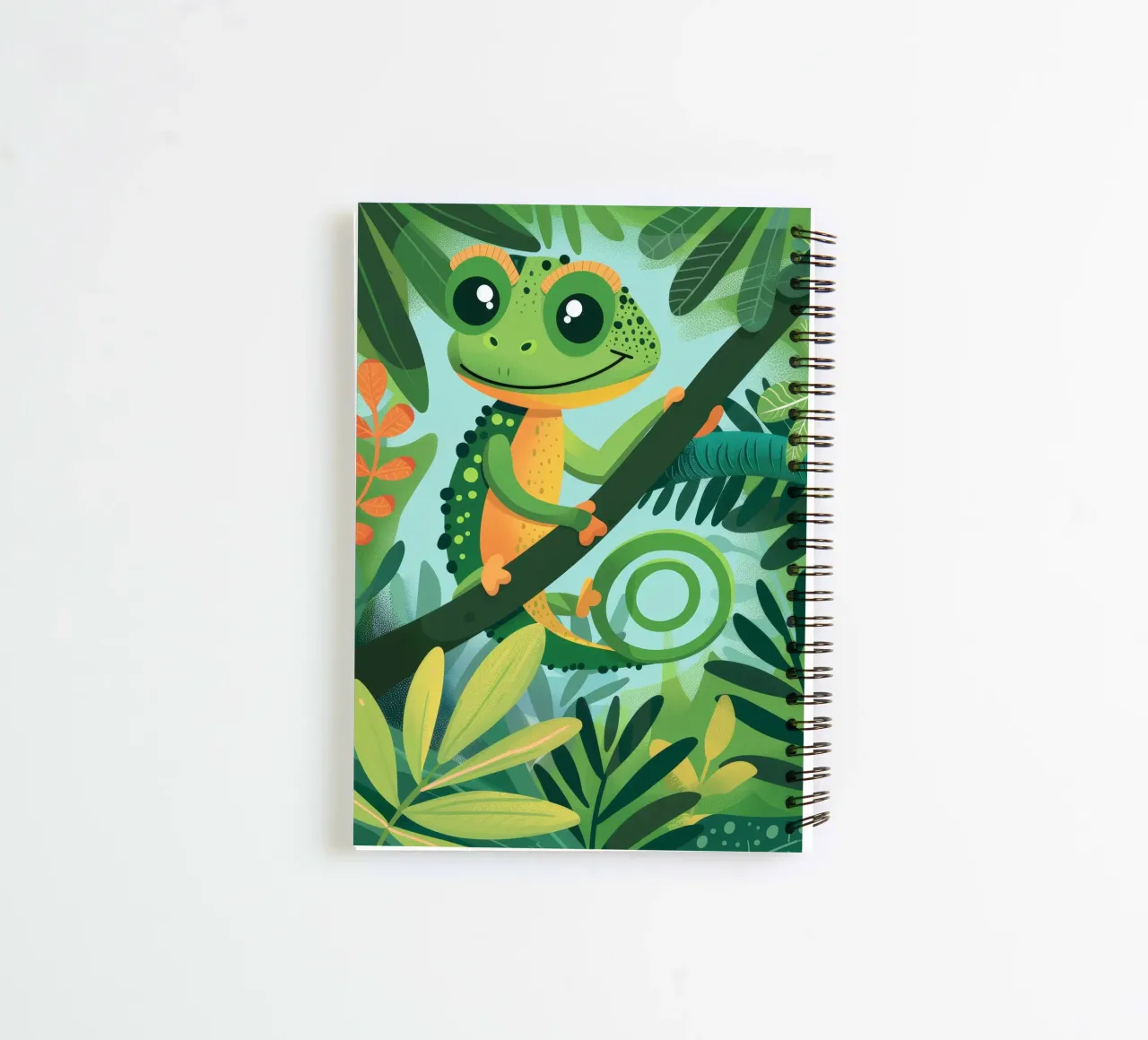 Whimsical chameleon perched on branch in lush jungle spiral notebook by DesignDoodle