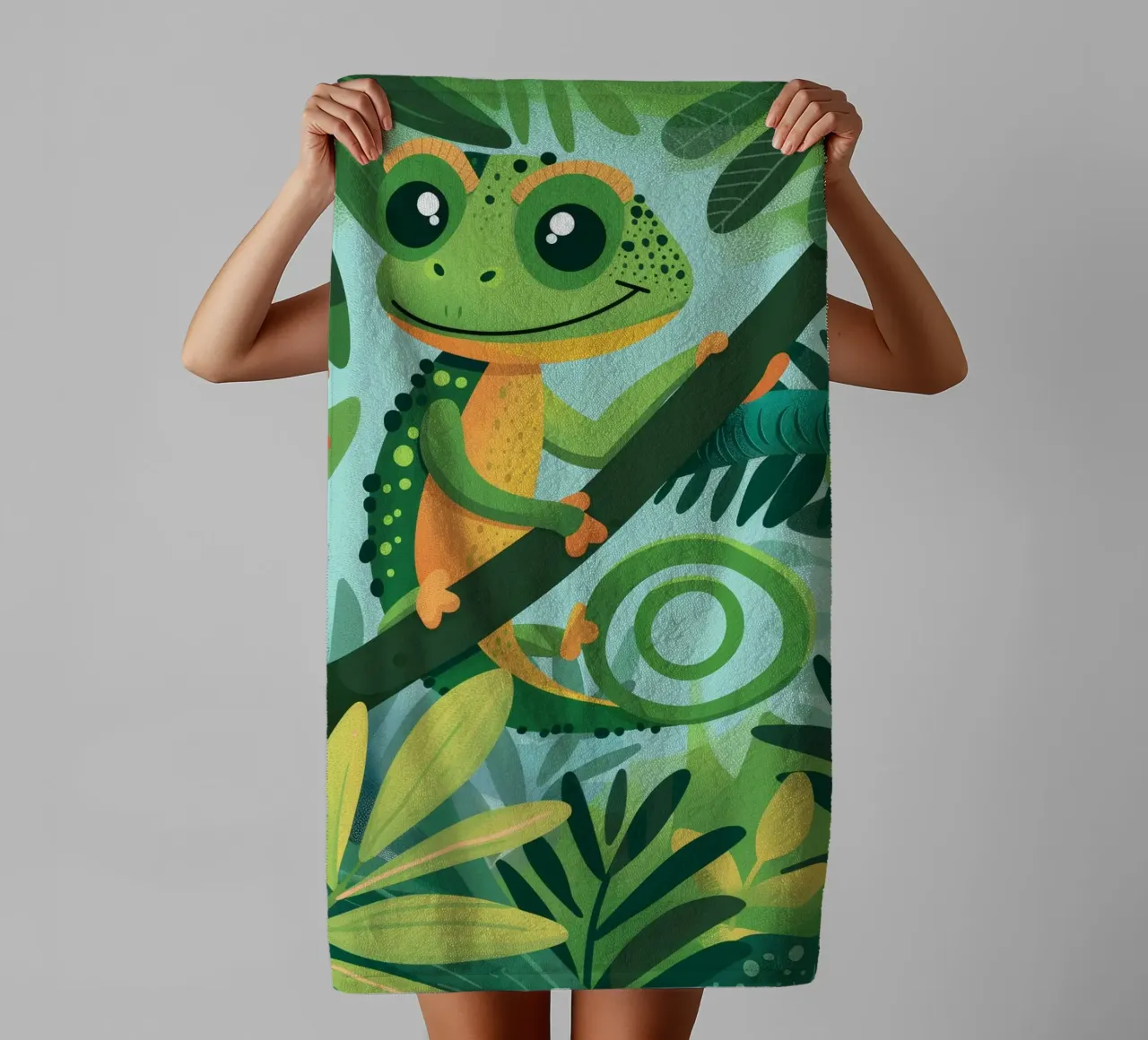 Whimsical chameleon perched on branch in lush jungle towel by DesignDoodle