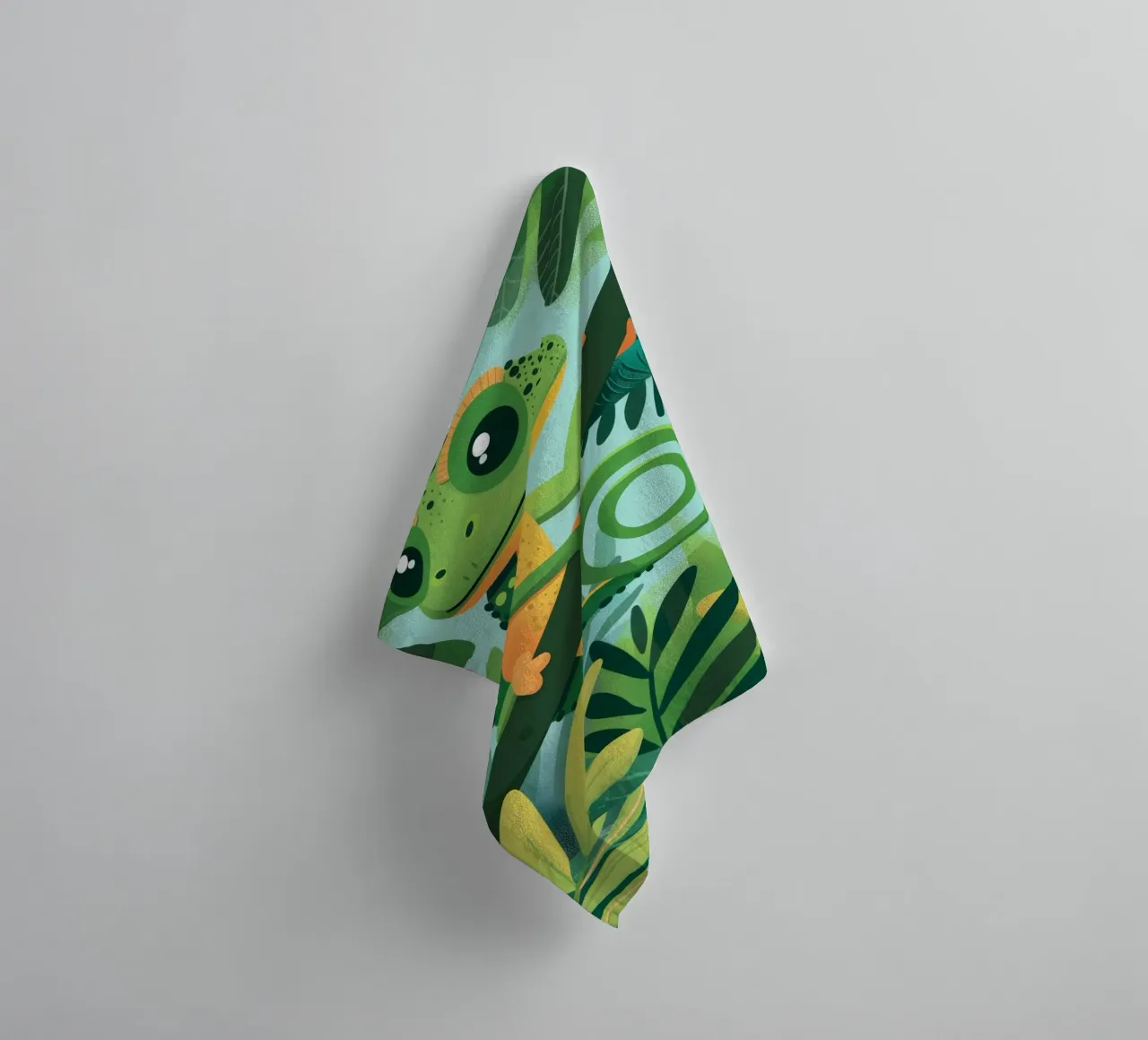 Whimsical chameleon perched on branch in lush jungle towel by DesignDoodle
