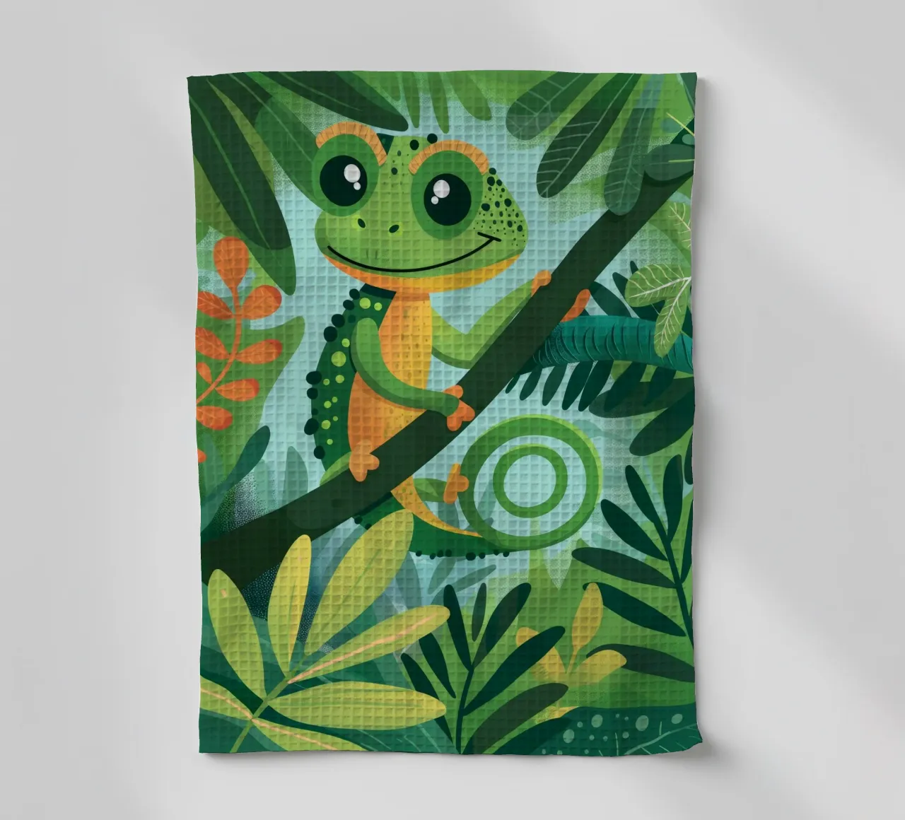 Whimsical chameleon perched on branch in lush jungle tea towel by DesignDoodle