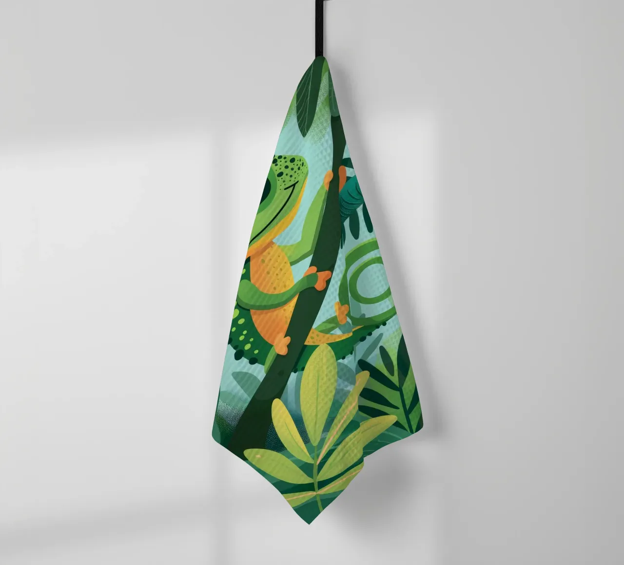 Whimsical chameleon perched on branch in lush jungle tea towel by DesignDoodle