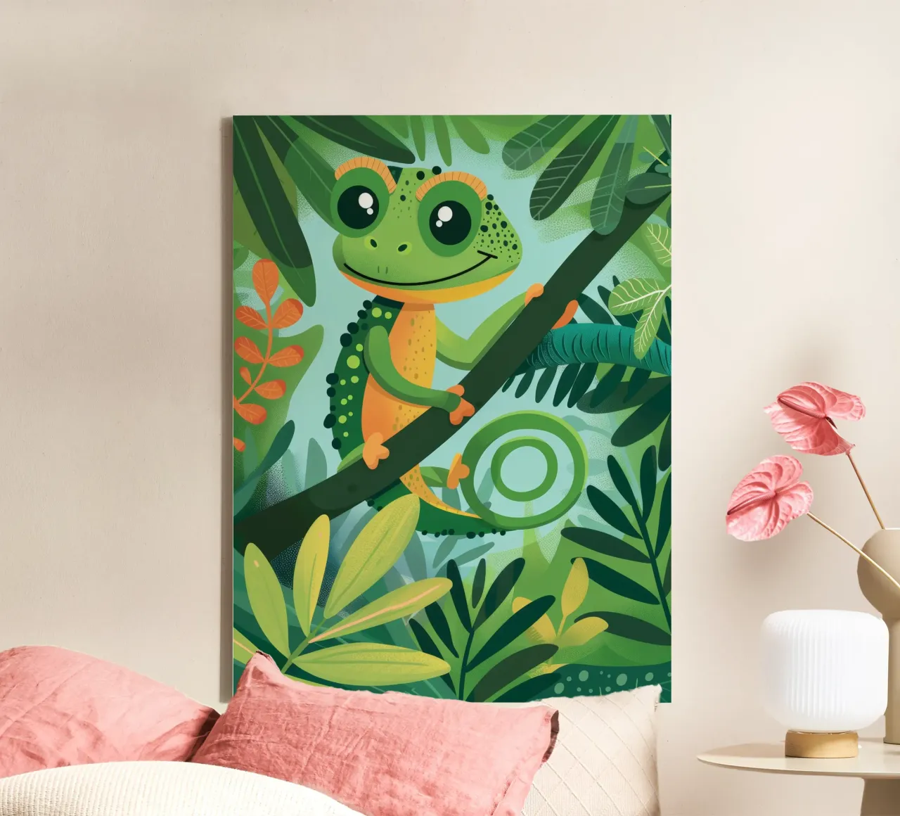 Whimsical chameleon perched on branch in lush jungle canvas by DesignDoodle