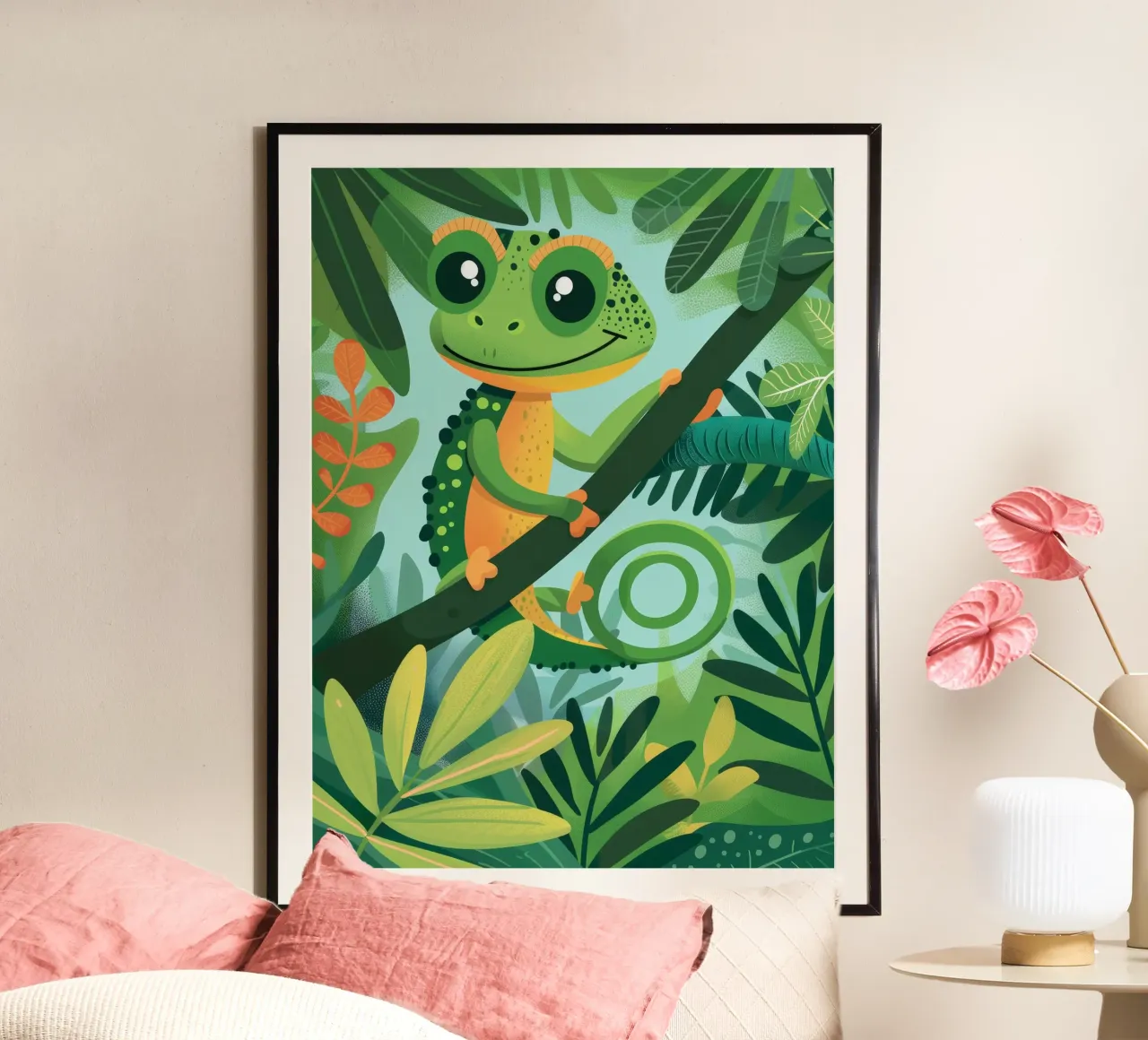 Whimsical chameleon perched on branch in lush jungle hahnemühle by DesignDoodle