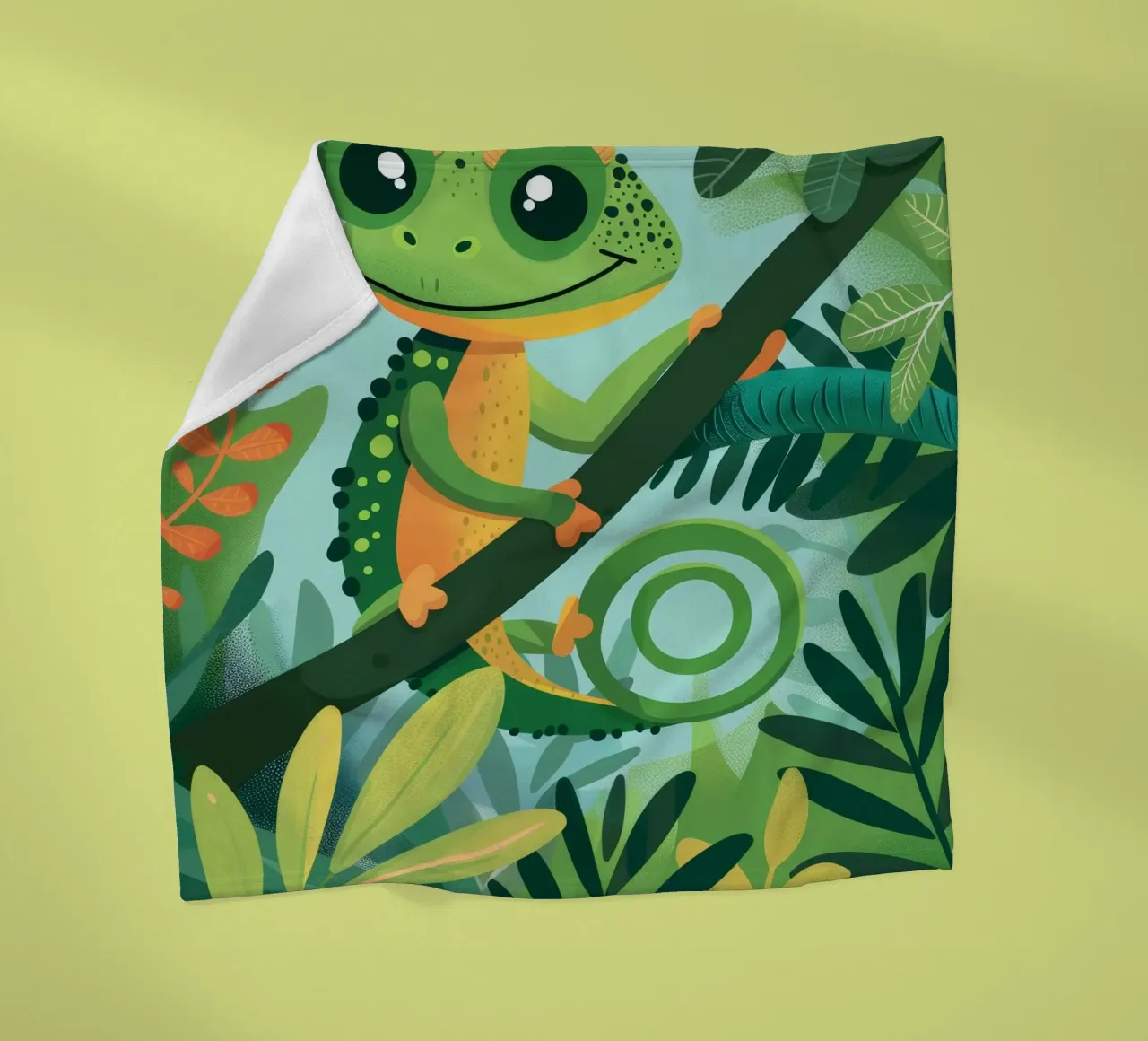 Whimsical chameleon perched on branch in lush jungle fleece blanket by DesignDoodle