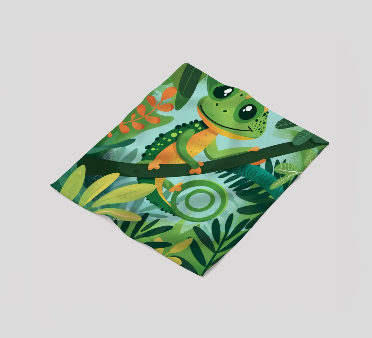Whimsical chameleon perched on branch in lush jungle fleece blanket by DesignDoodle