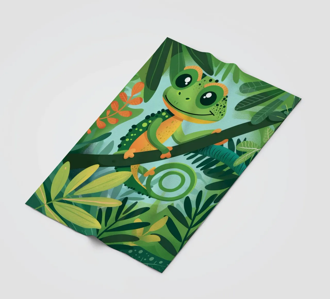 Whimsical chameleon perched on branch in lush jungle fleece blanket by DesignDoodle
