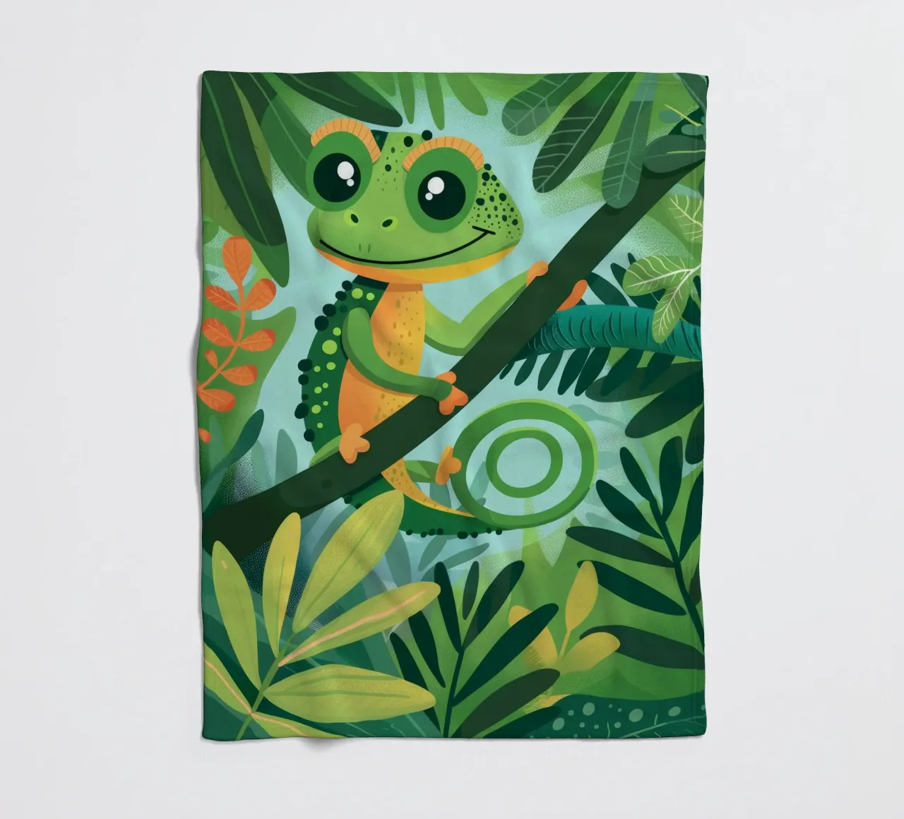 Whimsical chameleon perched on branch in lush jungle fleece blanket by DesignDoodle