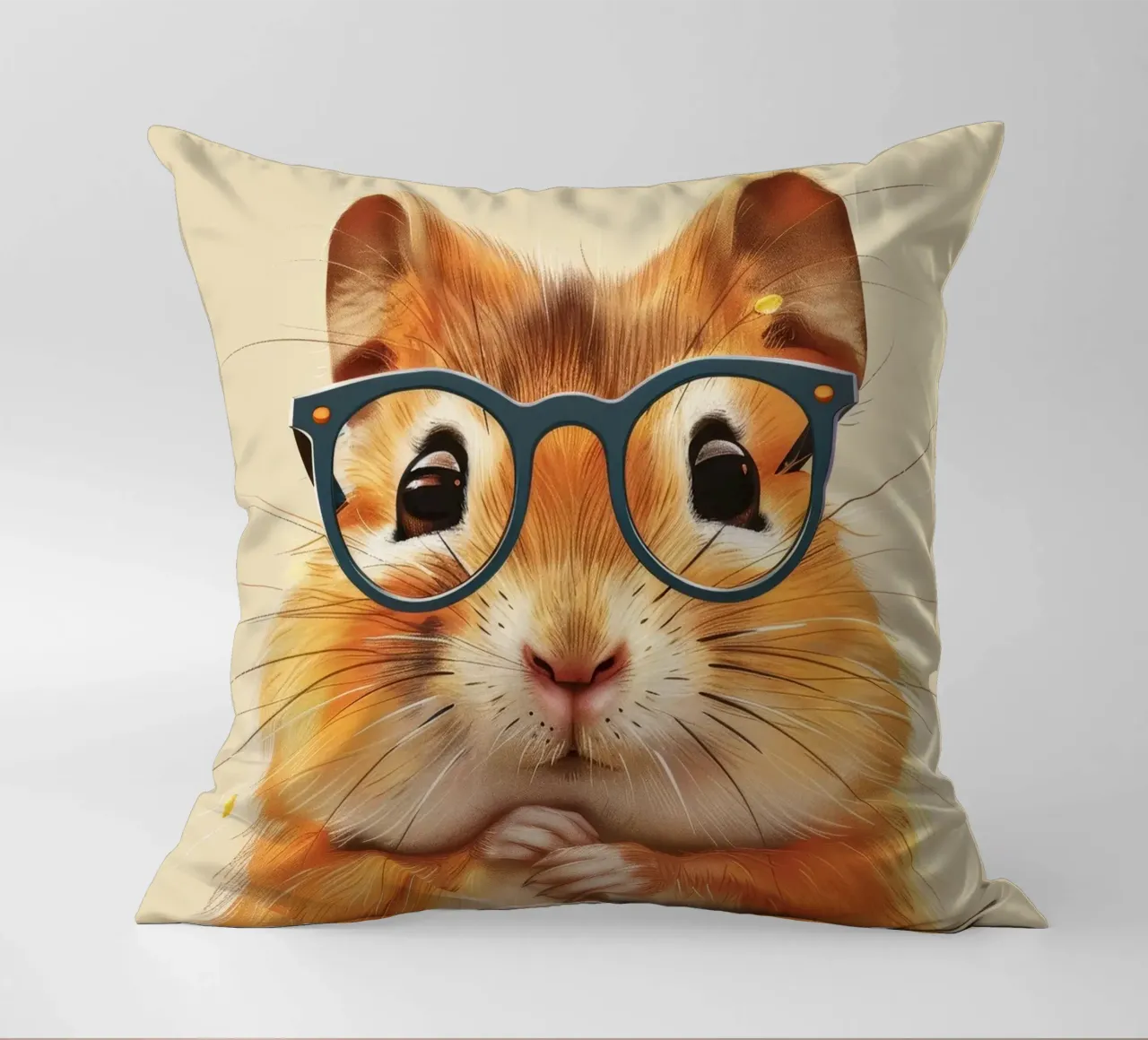 Hamster wearing glasses with a thoughtful expression decorative cushion by DesignDoodle