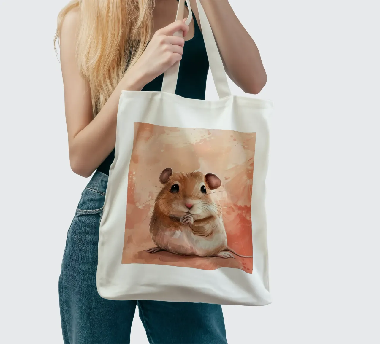 Niedlicher und flauschiger Hamster, der mit zusammengelegten Pfoten sitzt Jutebeutel von DesignDoodle