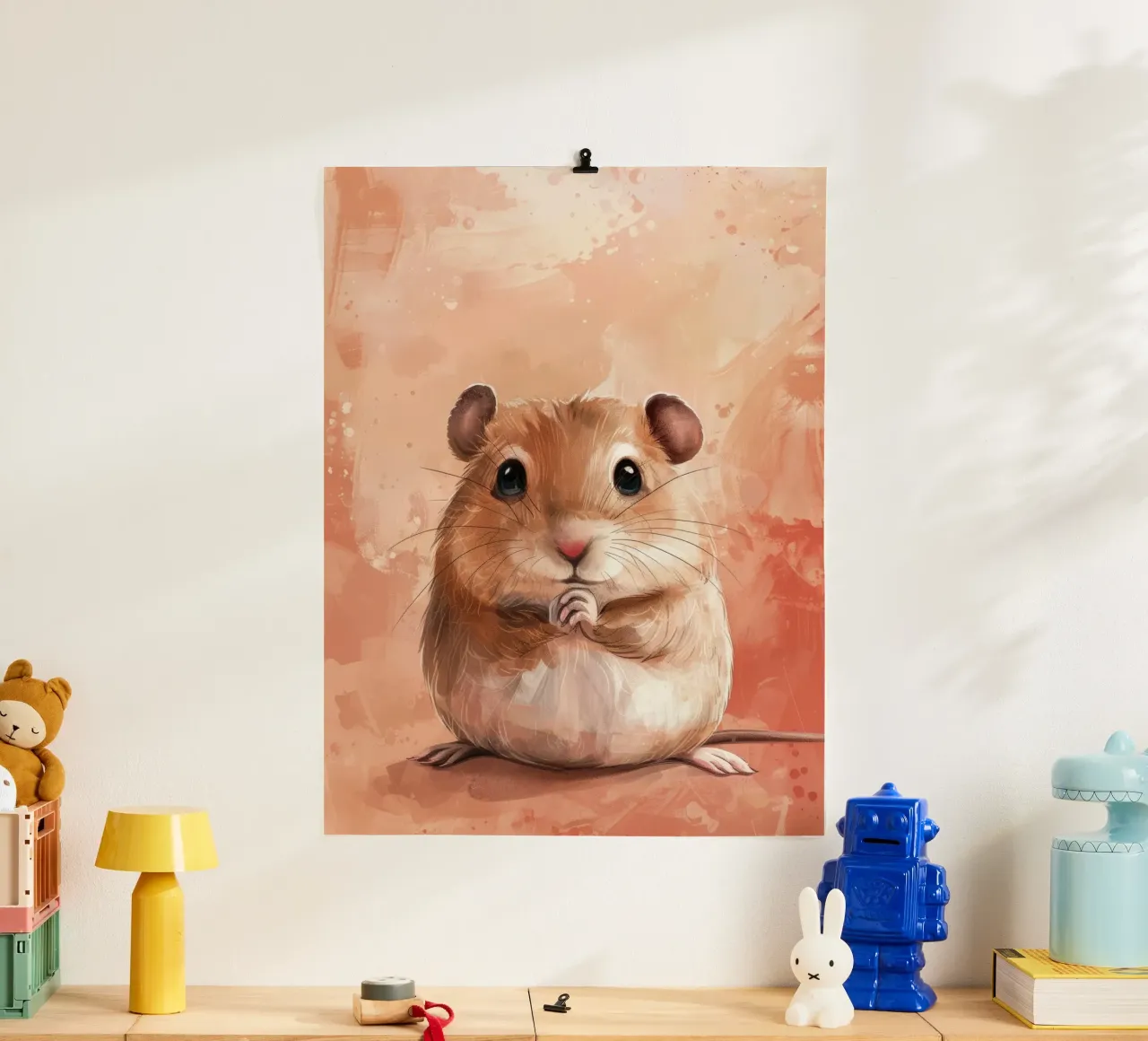 Cute and fluffy hamster sitting with paws together hahnemühle by DesignDoodle