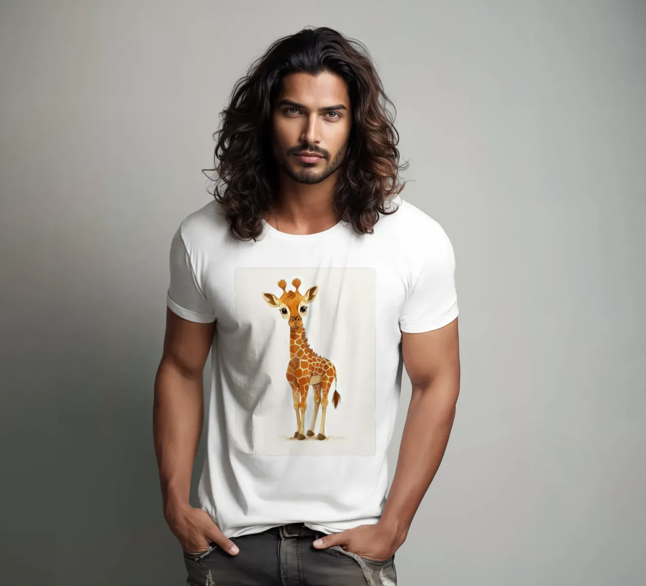 Giraffe character standing with a curious expression t-shirt by DesignDoodle