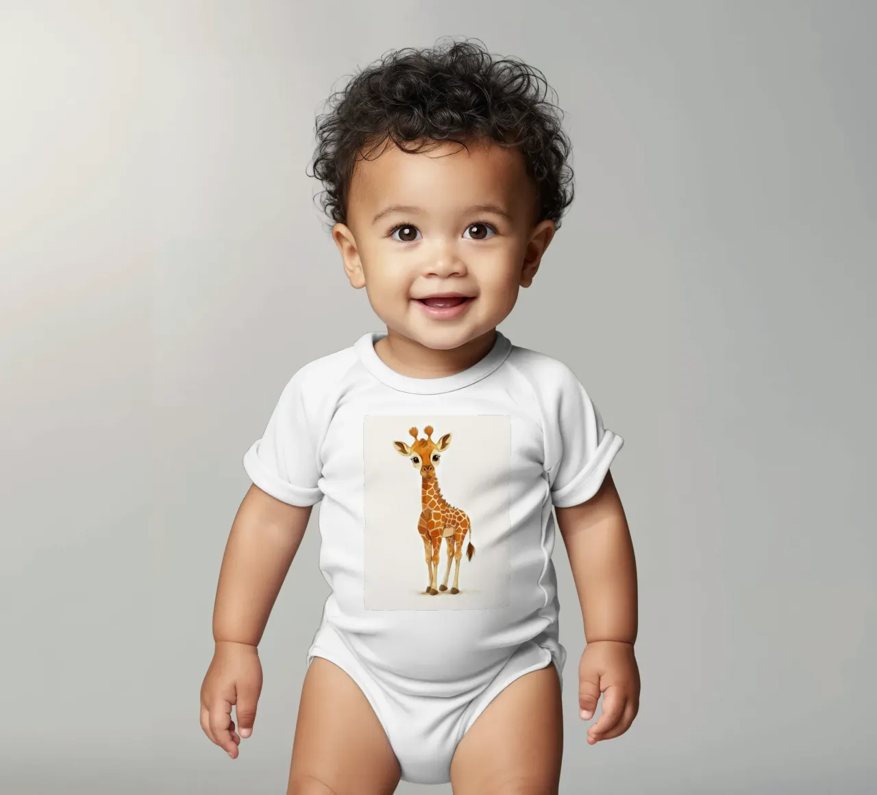 Giraffe character standing with a curious expression short-sleeve baby romper by DesignDoodle